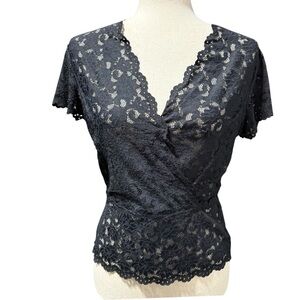 Caché Vintage Whimsigoth Lace Peplum Top Size 3 Small V Neck Sheer Retro Vamp